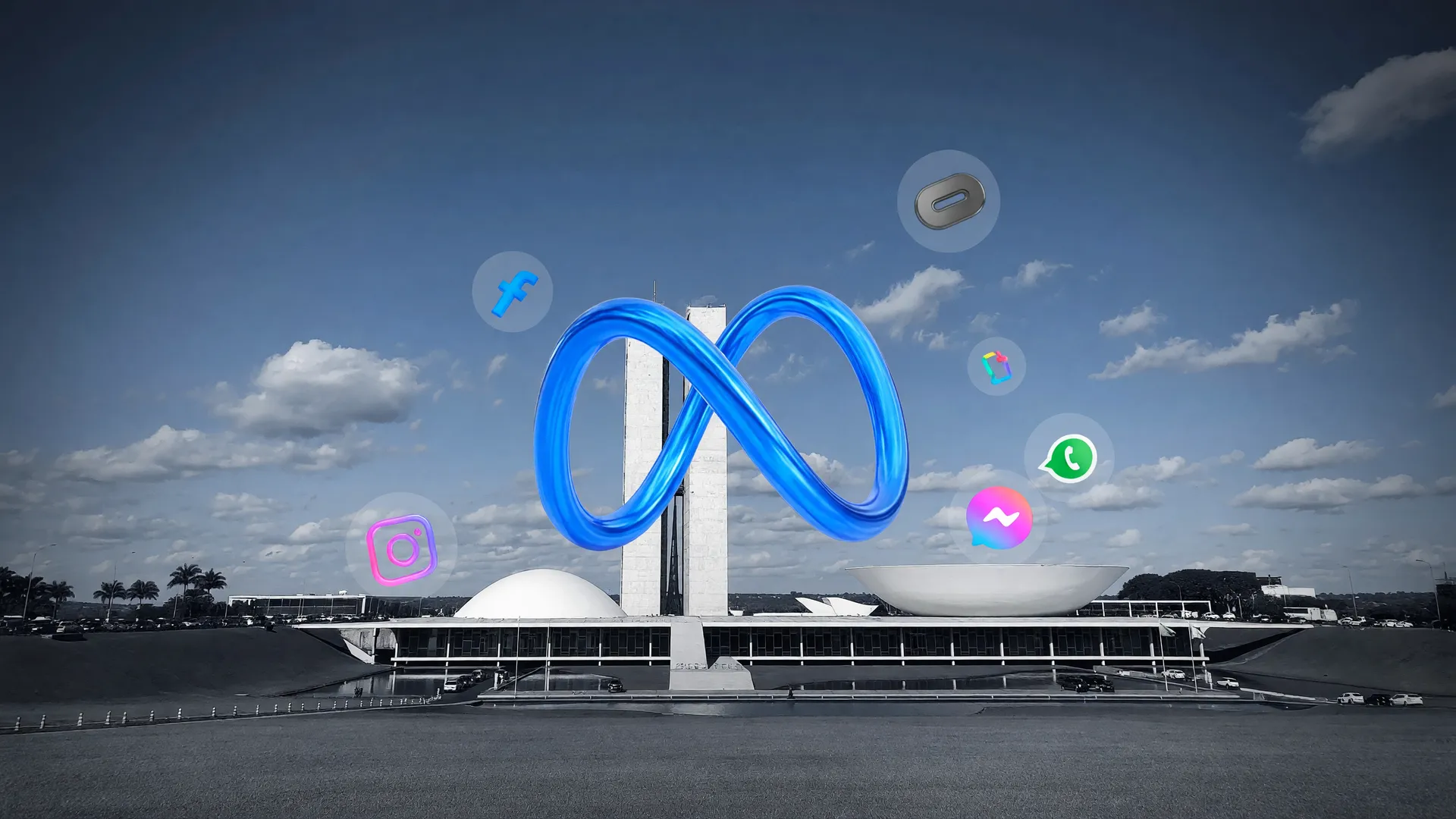 Senado Federal ao fundo e logo da Meta em destaque, ilustrando a segmentação de anúncios eleitorais nas redes sociais