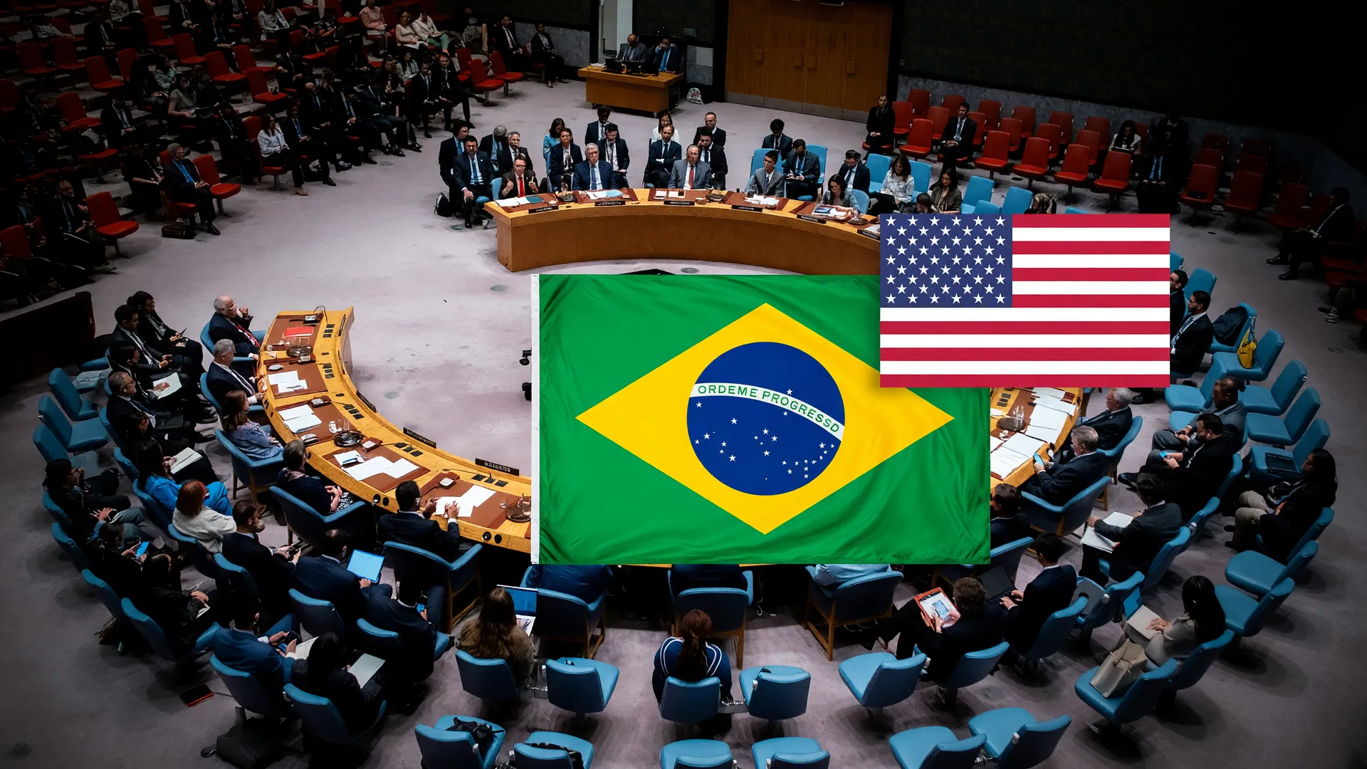 Reunião da ONU sobre sinergia entre clima e desertificação com bandeiras do Brasil e dos EUA em destaque