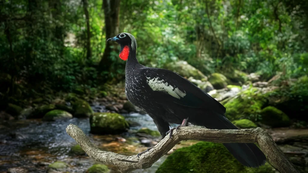 Jacutinga pousada em galho na Mata Atlântica, representando a soltura de jacutingas na natureza