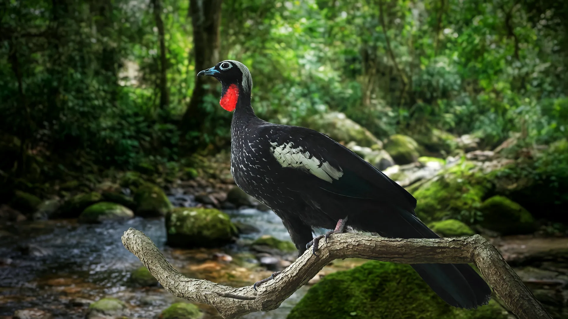 Jacutinga pousada em galho na Mata Atlântica, representando a soltura de jacutingas na natureza