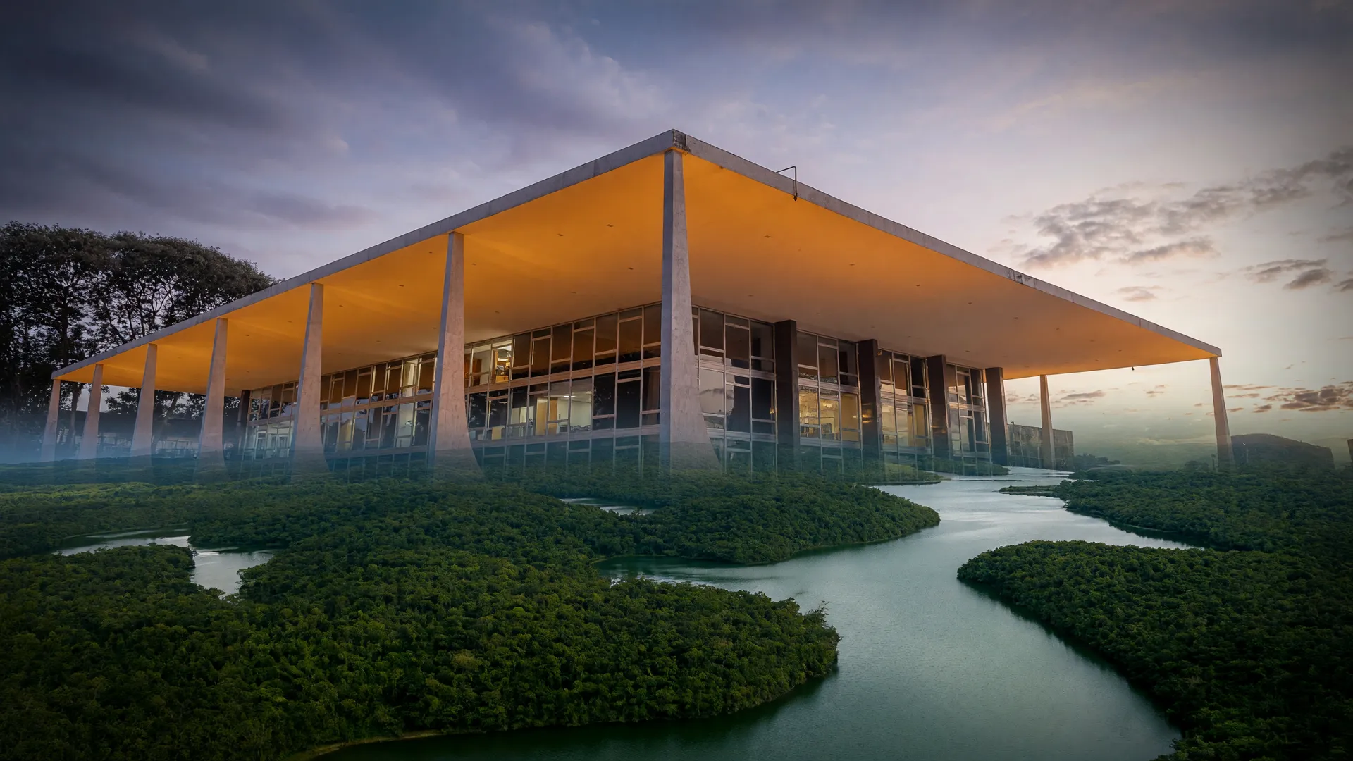 Fachada do STF ao entardecer sobreposta à Mata Atlântica aérea, alusão ao julgamento STF Parque Serra do Tabuleiro