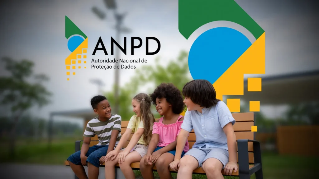 Crianças e adolescentes ao fundo do logo da ANPD, que determinou a suspensão das lives do Discord no Brasil