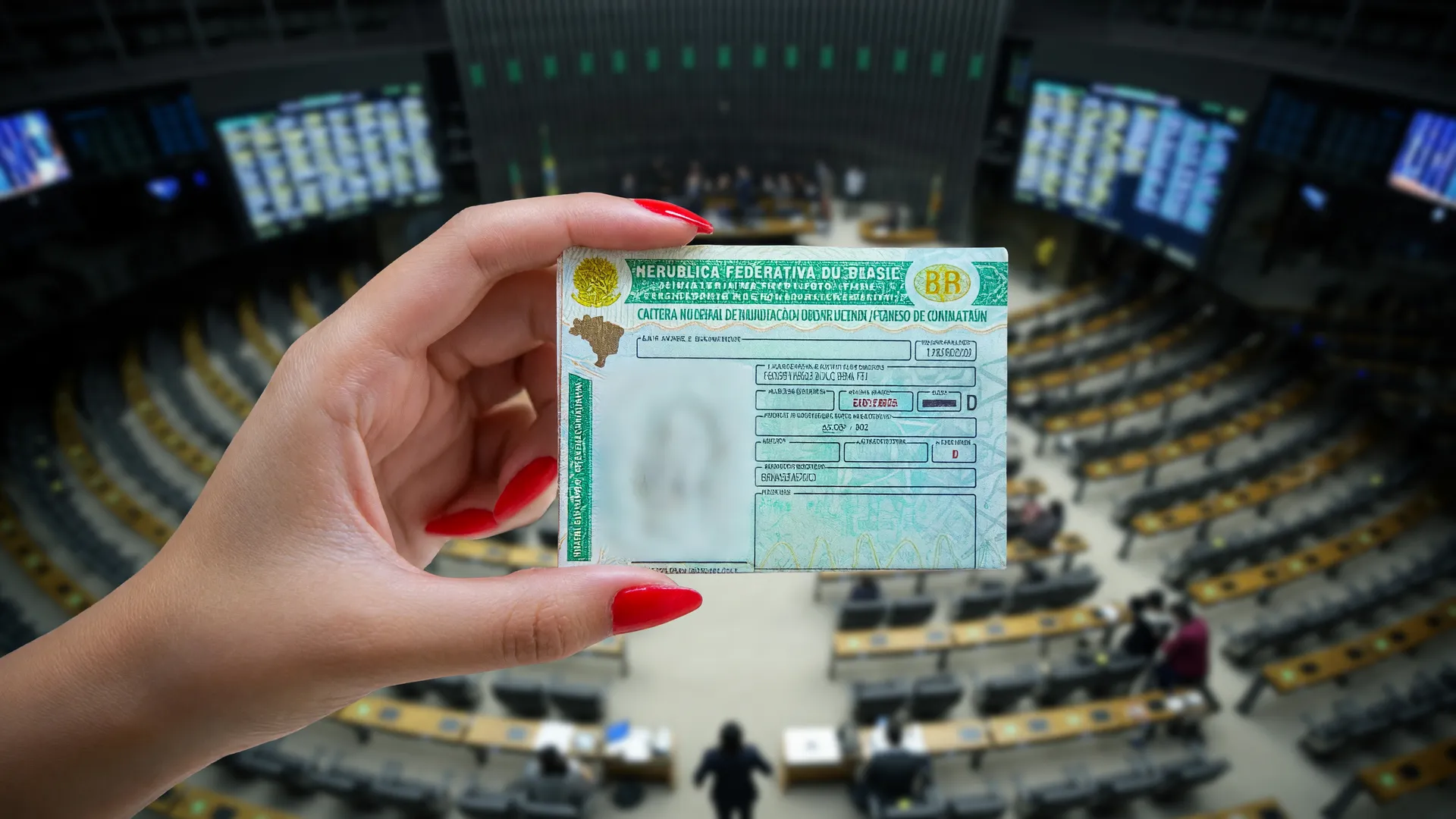 Mão segura CNH com plenário da Câmara ao fundo, representando a suspensão de CNH por 10 anos