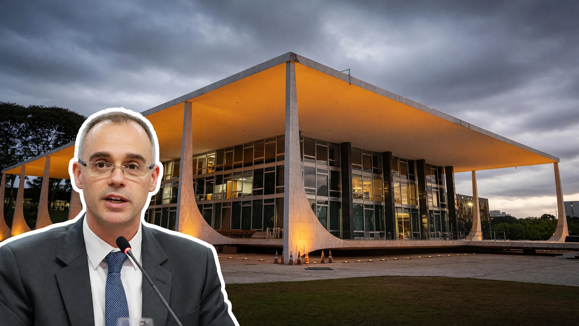 STF ao entardecer e ministro André Mendonça representam a suspensão de multas da NR-1 por 90 dias