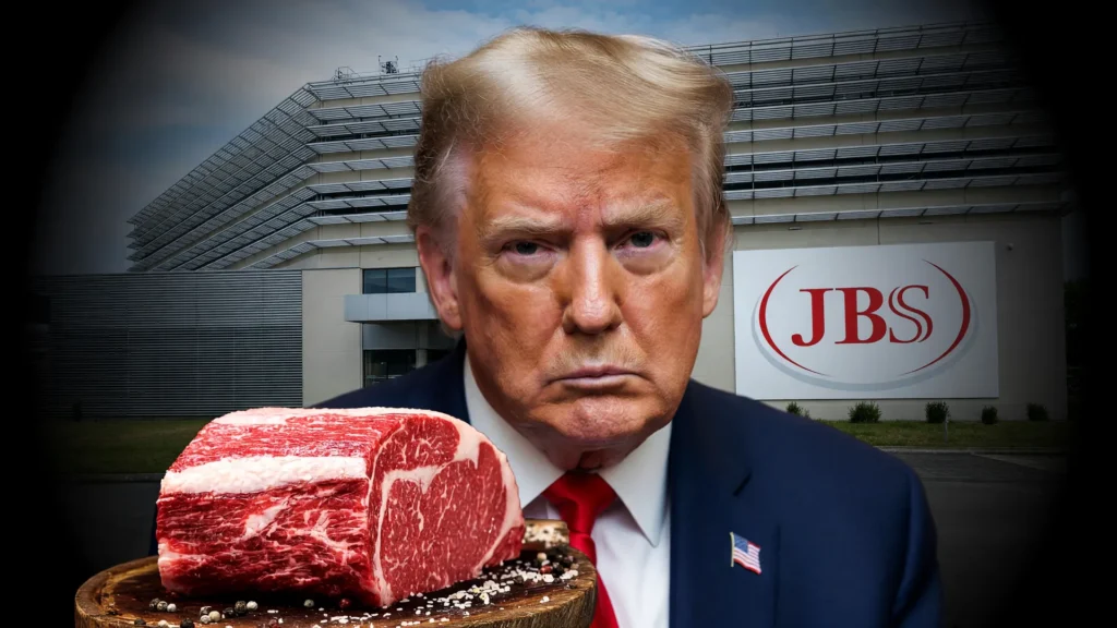 Donald Trump em colagem editorial com logo JBS e carne bovina, simbolizando a tarifa carne bovina Trump Brasil