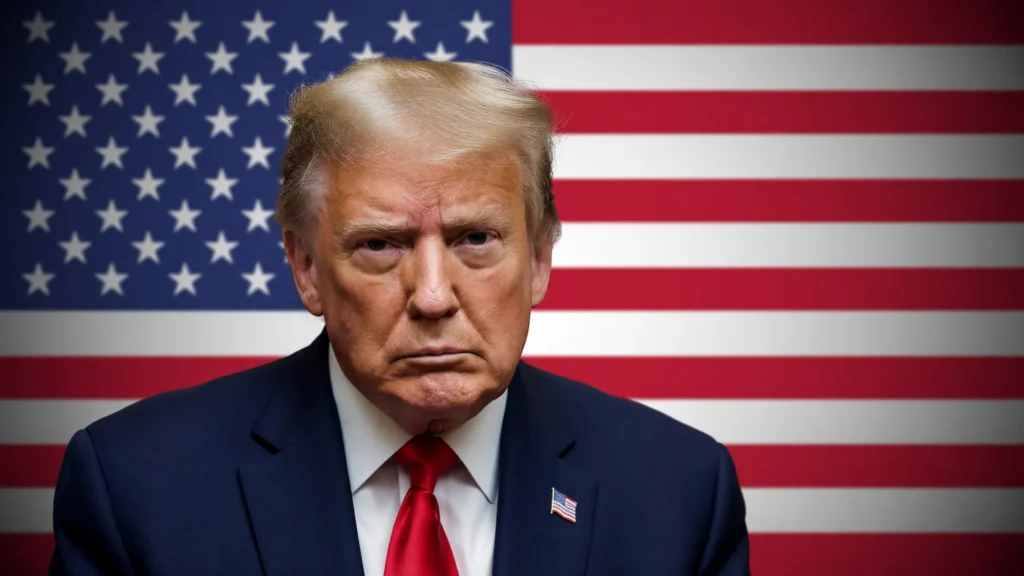 Donald Trump e a bandeira americana evocam a tarifa sobre polissilício dos EUA imposta à China