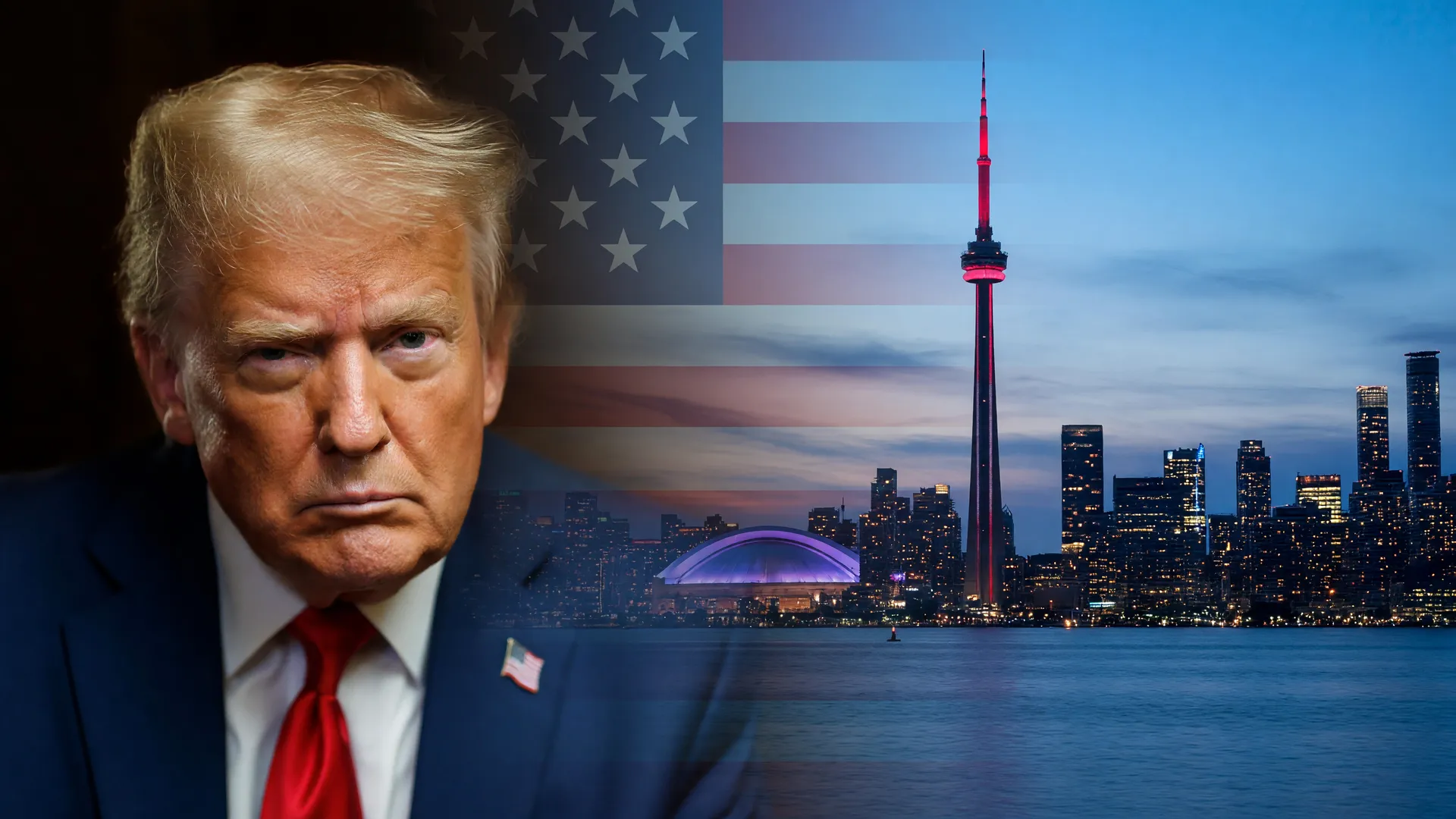 Tarifas do Canadá contra os EUA: Trump diante da Torre CN de Toronto em composição de tensão comercial