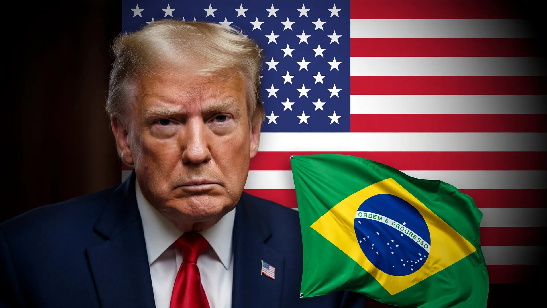 Retrato de Trump ao lado das bandeiras do Brasil e dos EUA, simbolizando as tarifas EUA petróleo russo