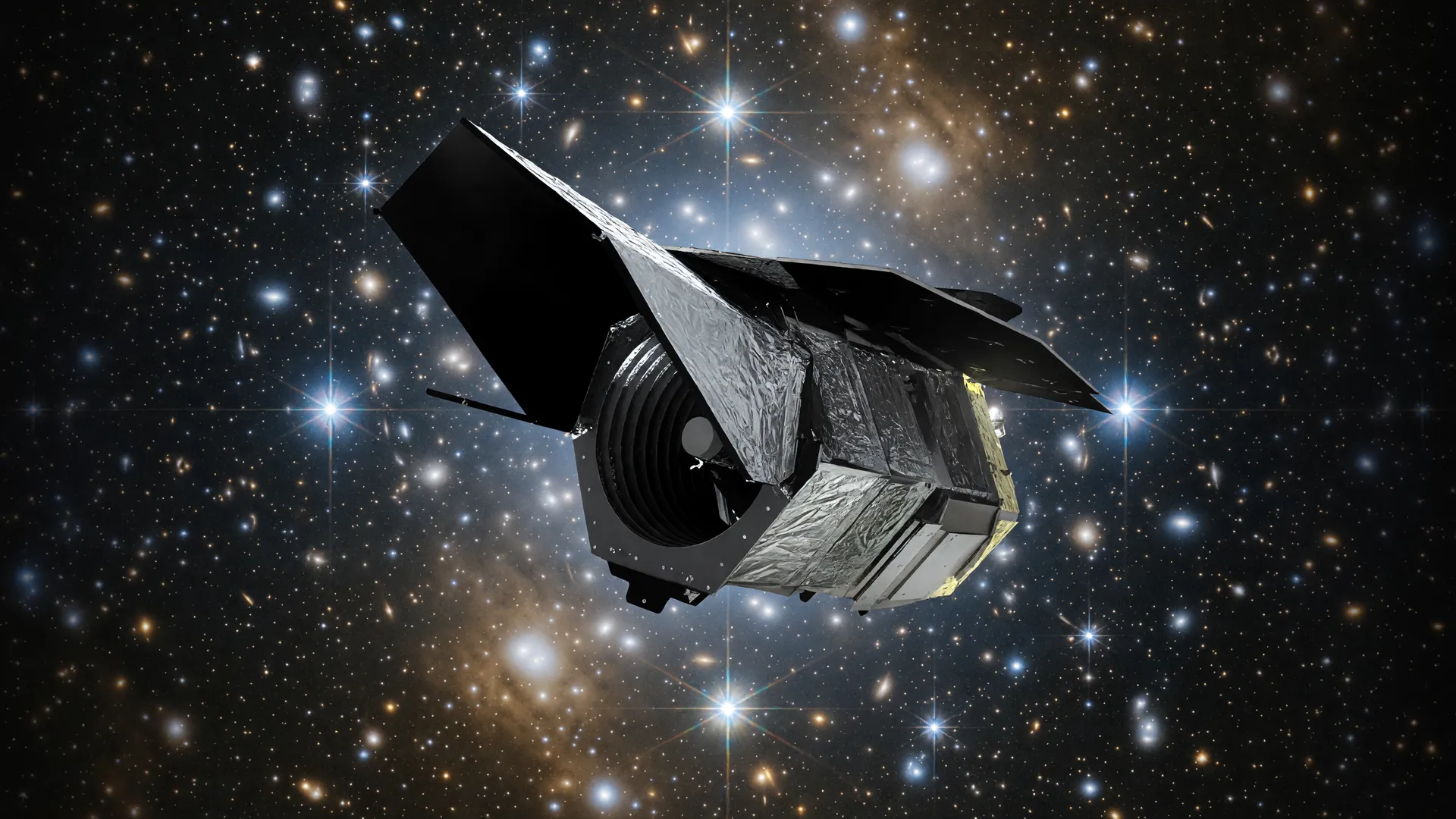 Ilustração artística do telescópio Roman da Nasa no espaço profundo, cercado por galáxias e estrelas do universo distante