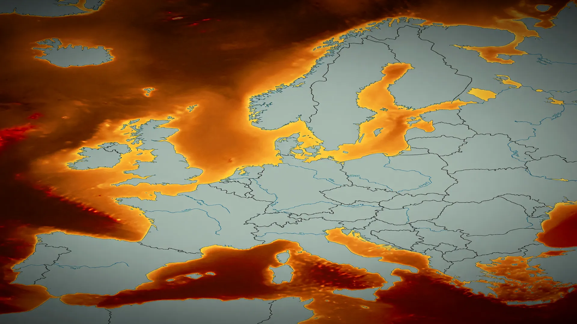 Mapa da Europa com os mares ao redor em tons quentes, evocando o aumento da temperatura do mar na Europa
