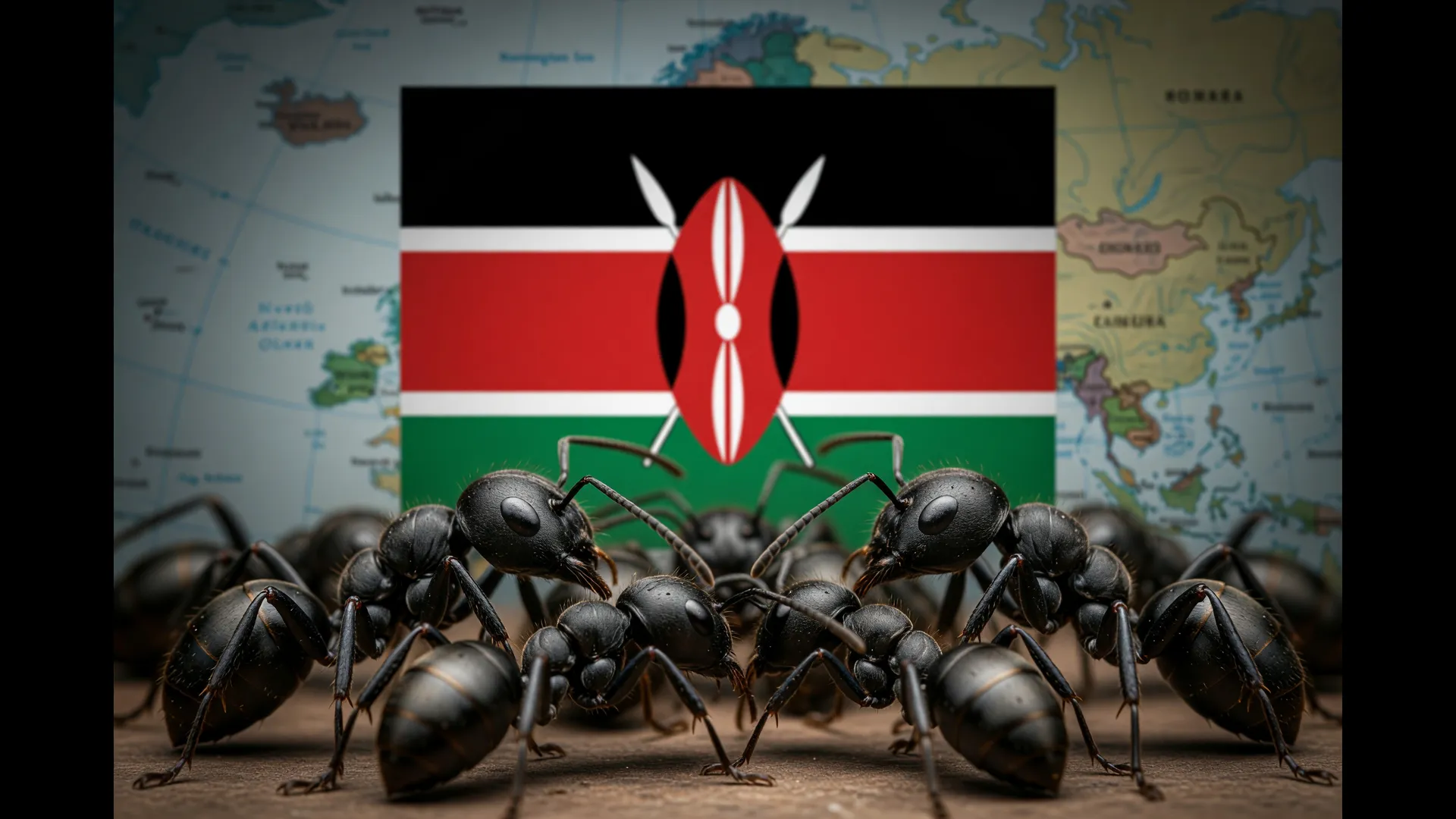 Formigas gigantes africanas em destaque com bandeira do Quênia ao fundo, retratando o tráfico de formigas raras