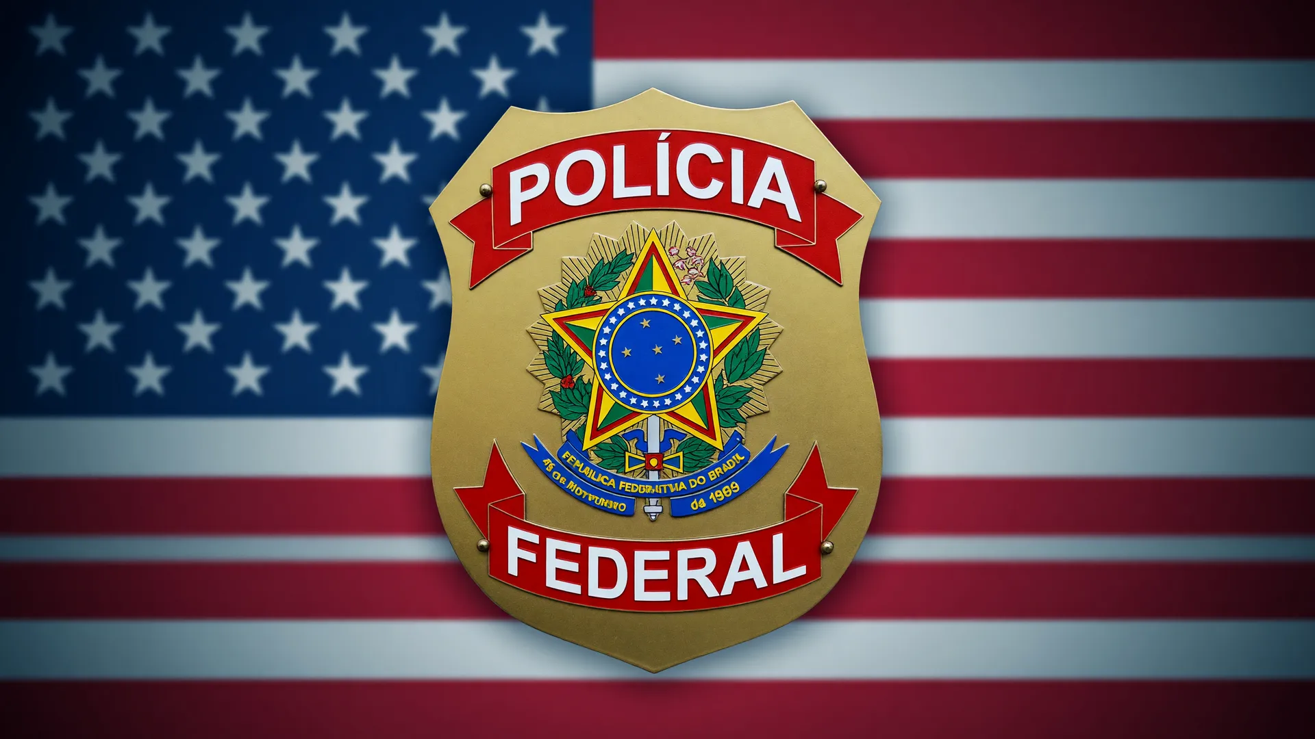Distintivo da Polícia Federal sobre bandeira dos EUA simbolizando tráfico internacional de peças de fuzis