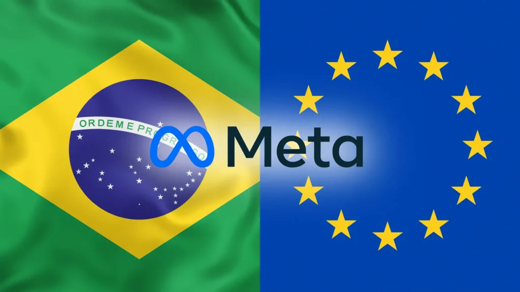 Bandeiras do Brasil e da UE ao lado de logo da Meta, ilustrando debate sobre transparência anúncios políticos Brasil