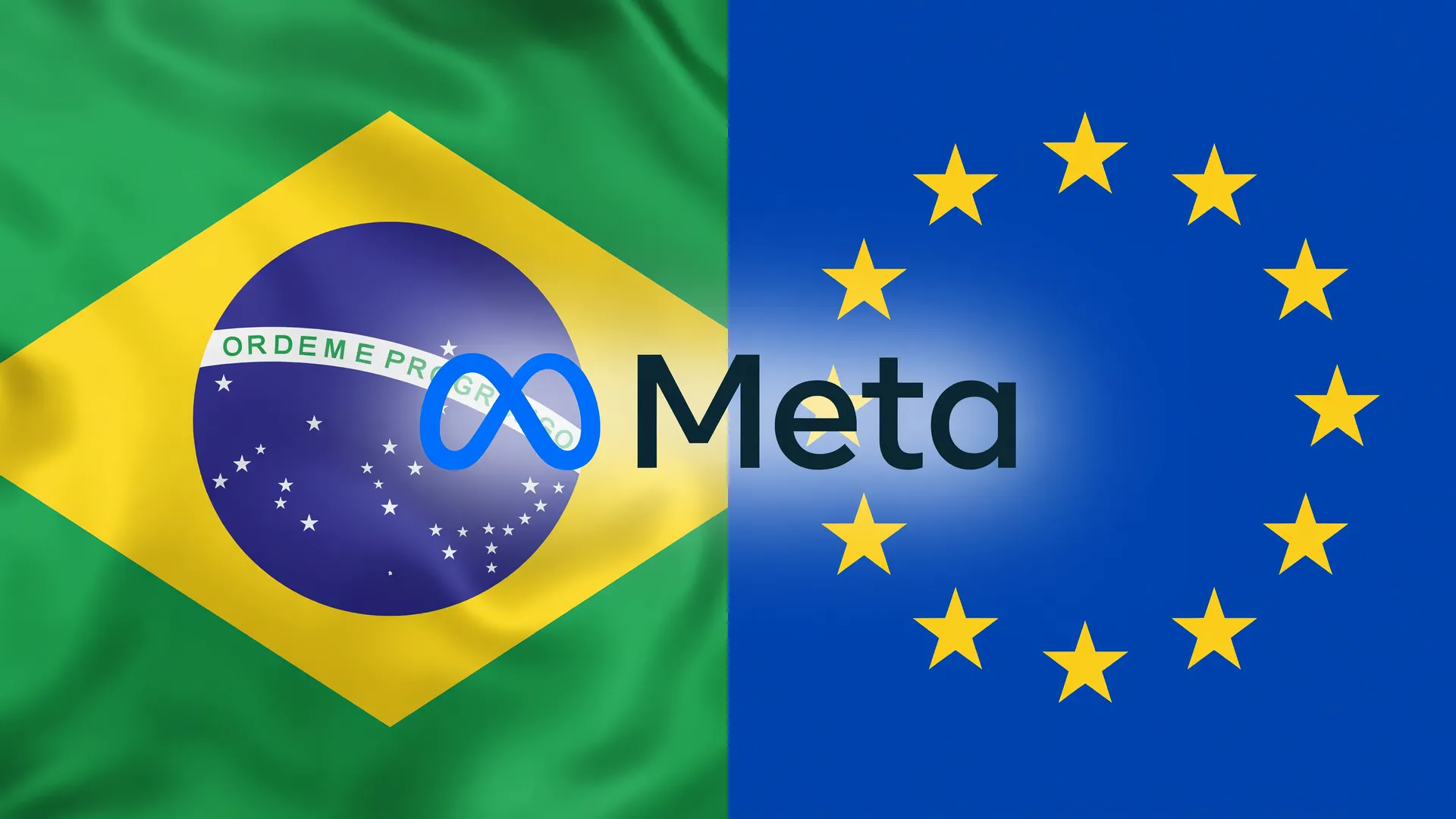 Bandeiras do Brasil e da UE ao lado de logo da Meta, ilustrando debate sobre transparência anúncios políticos Brasil