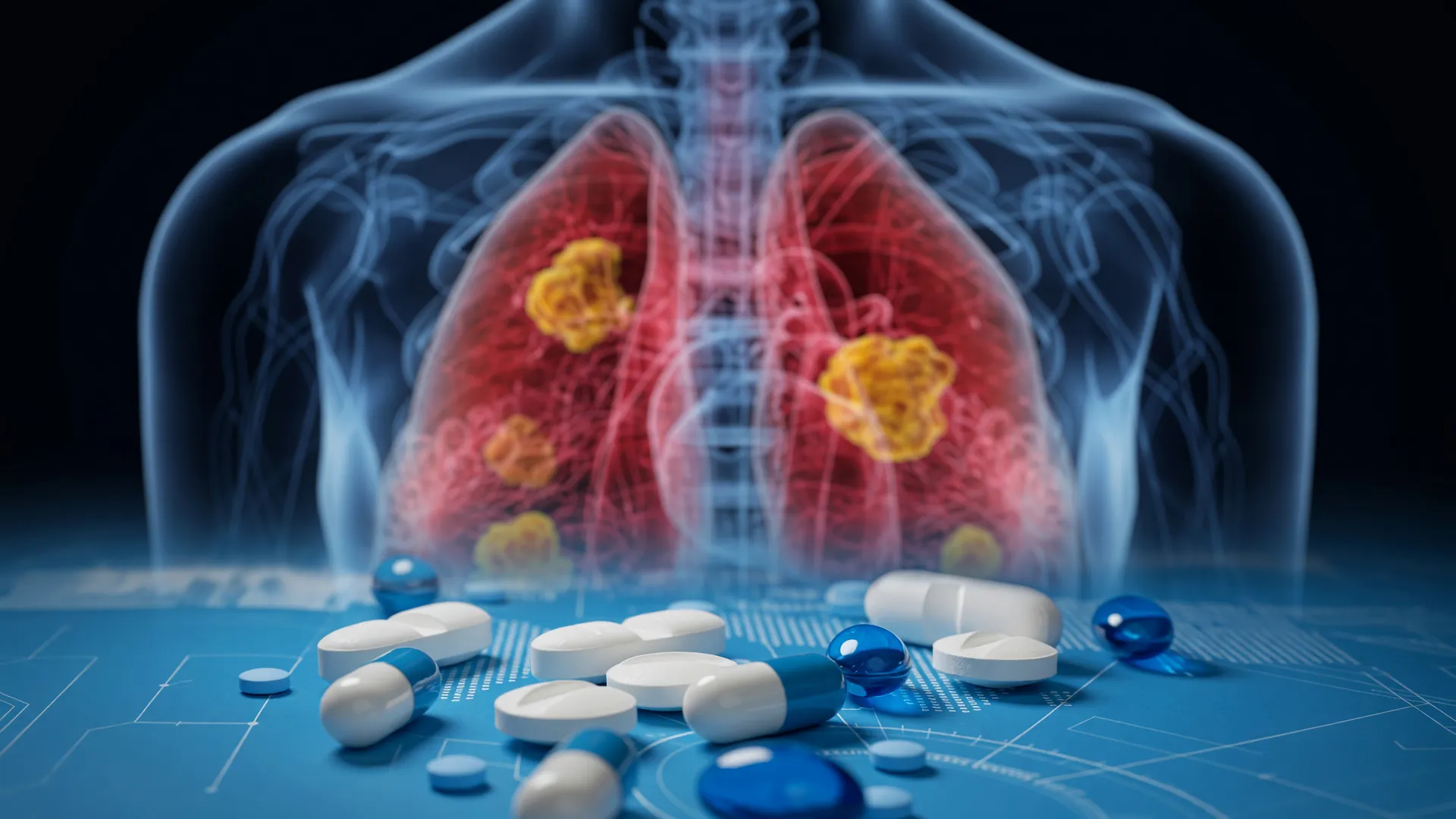 Ilustração 3D de câncer de pulmão com medicamentos em destaque, representando o tratamento câncer de pulmão SUS