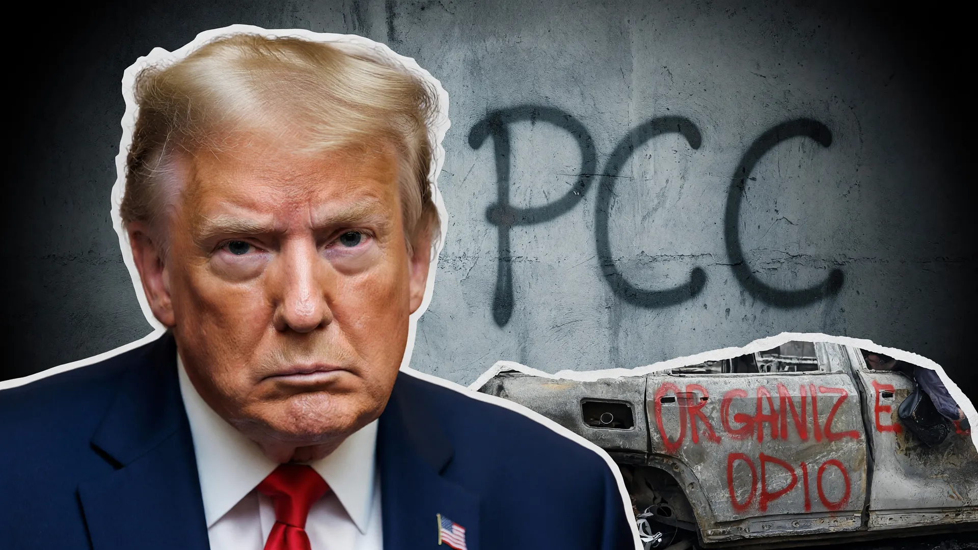 Trump autoriza ataque cibernético PCC e CV com retrato presidencial ao fundo de grafites de facções criminosas