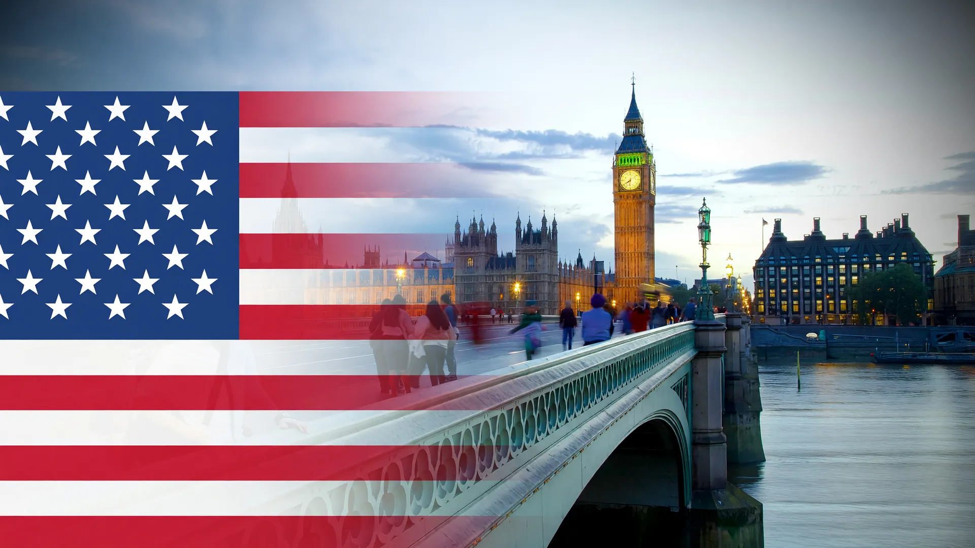 Big Ben e bandeira dos EUA representam a pesquisa de vacina contra câncer de intestino no Reino Unido e EUA