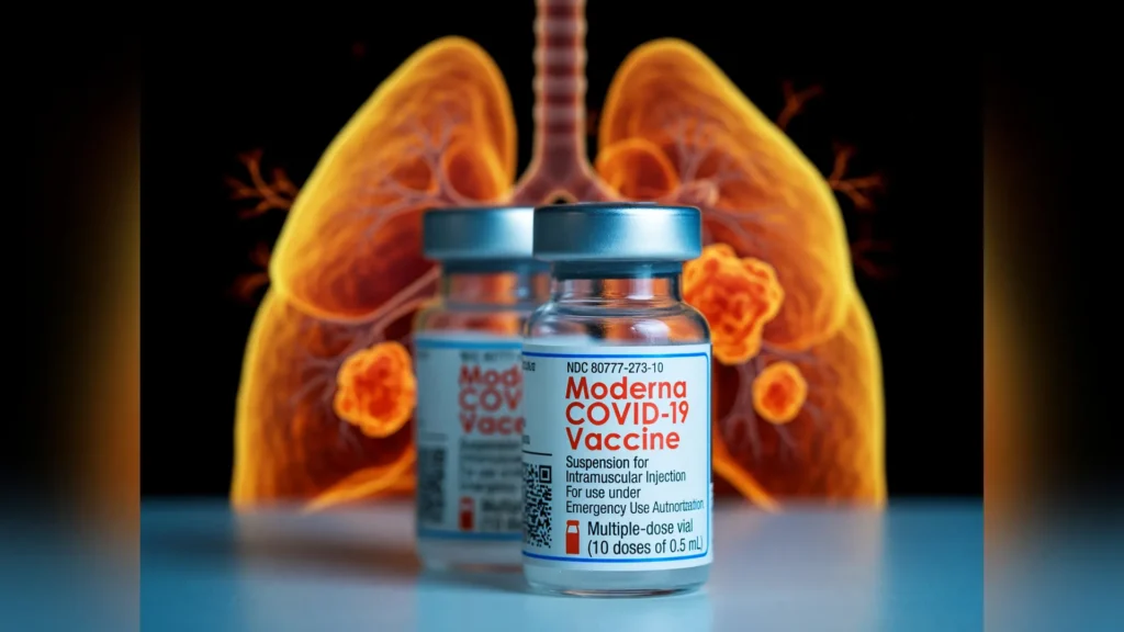 Frasco de vacina de mRNA contra câncer em primeiro plano com visualização 3D de tumores pulmonares ao fundo
