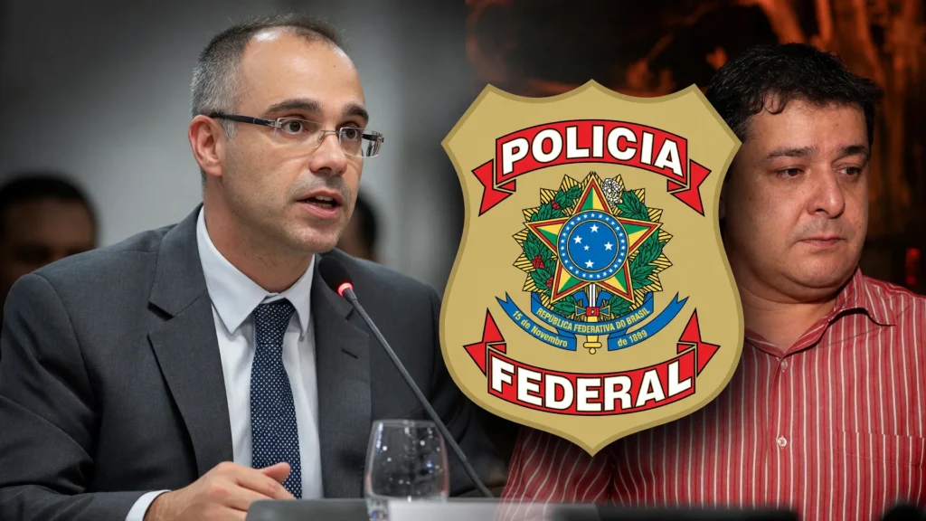 André Mendonça ordena à PF apurar vazamento de dados sigilosos Lulinha, com brasão da Polícia Federal em destaque