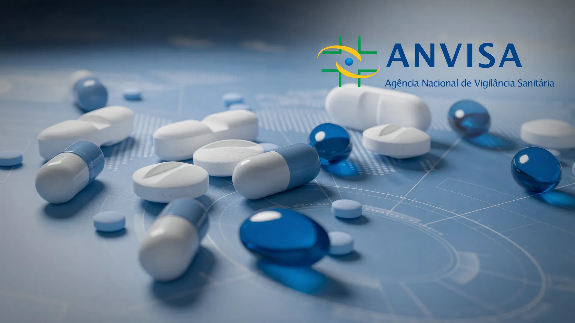Comprimidos e cápsulas representando a venda de medicamentos pela Shopee, com logo da Anvisa ao fundo