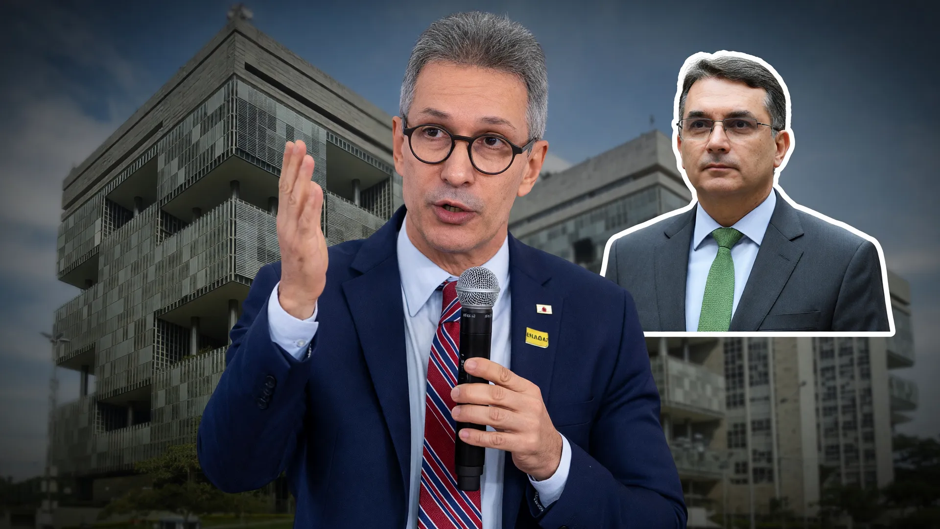 Zema gesticula ao microfone ao lado de Flávio Bolsonaro, cotado como vice de Romeu Zema, com sede da Petrobras ao fundo