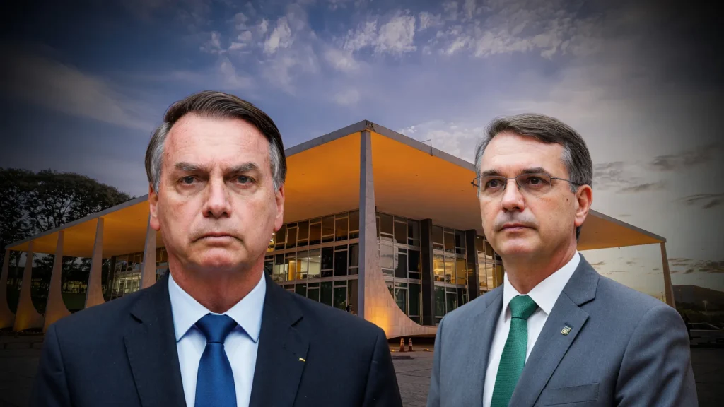 Jair Bolsonaro e Flávio Bolsonaro separados simbolicamente, ilustrando disputa sobre visitas de Flávio a Bolsonaro no STF