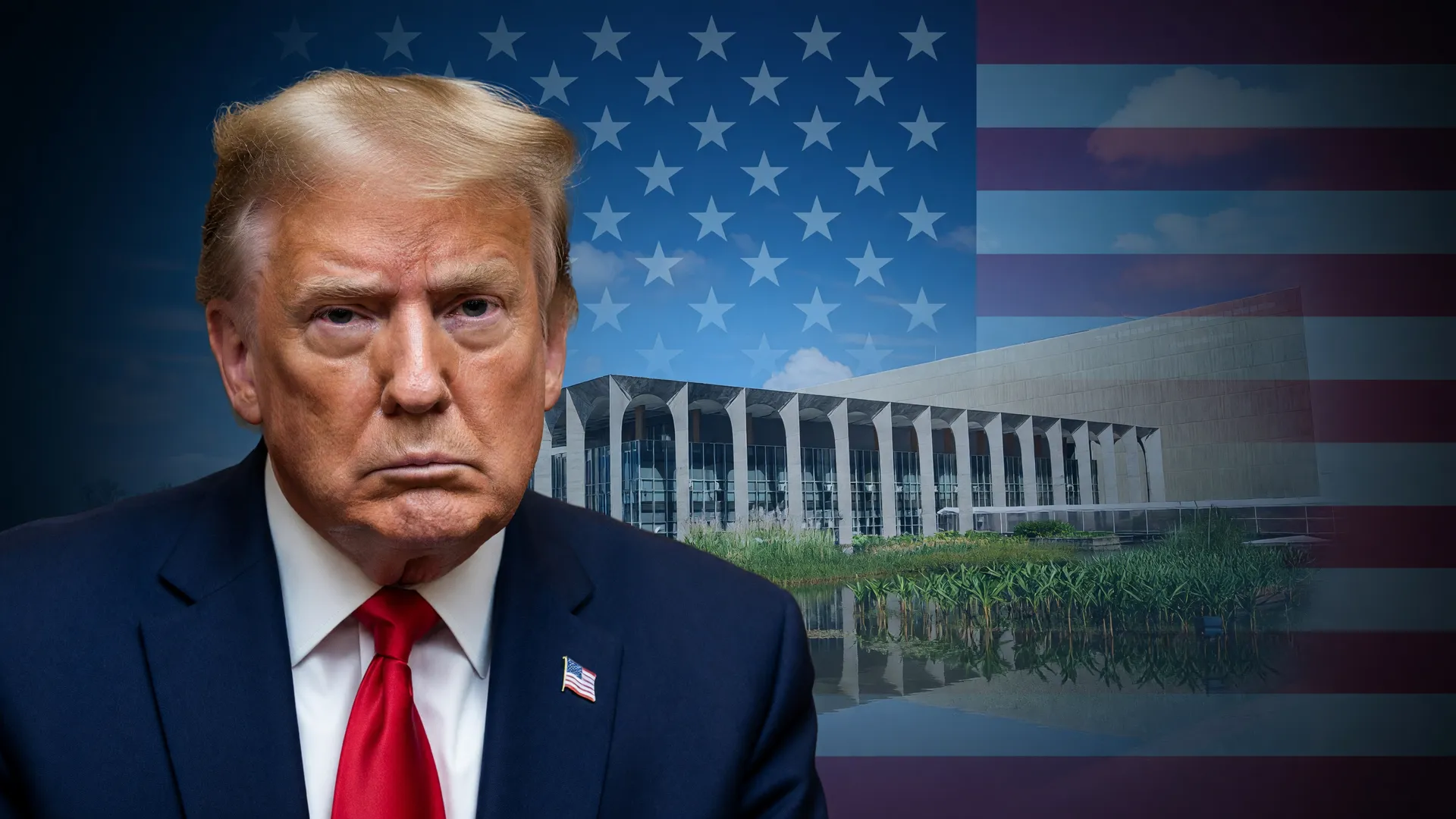 Trump ao lado do Palácio do Itamaraty simbolizando a revogação do visto da embaixadora do Brasil pelos EUA