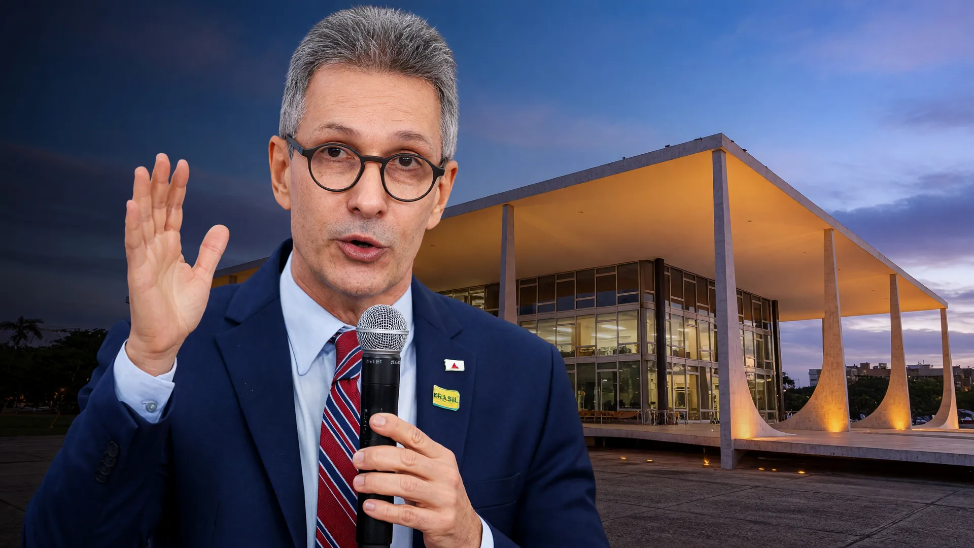 Zema ao microfone defende indulto do 8 de Janeiro com o STF iluminado ao fundo