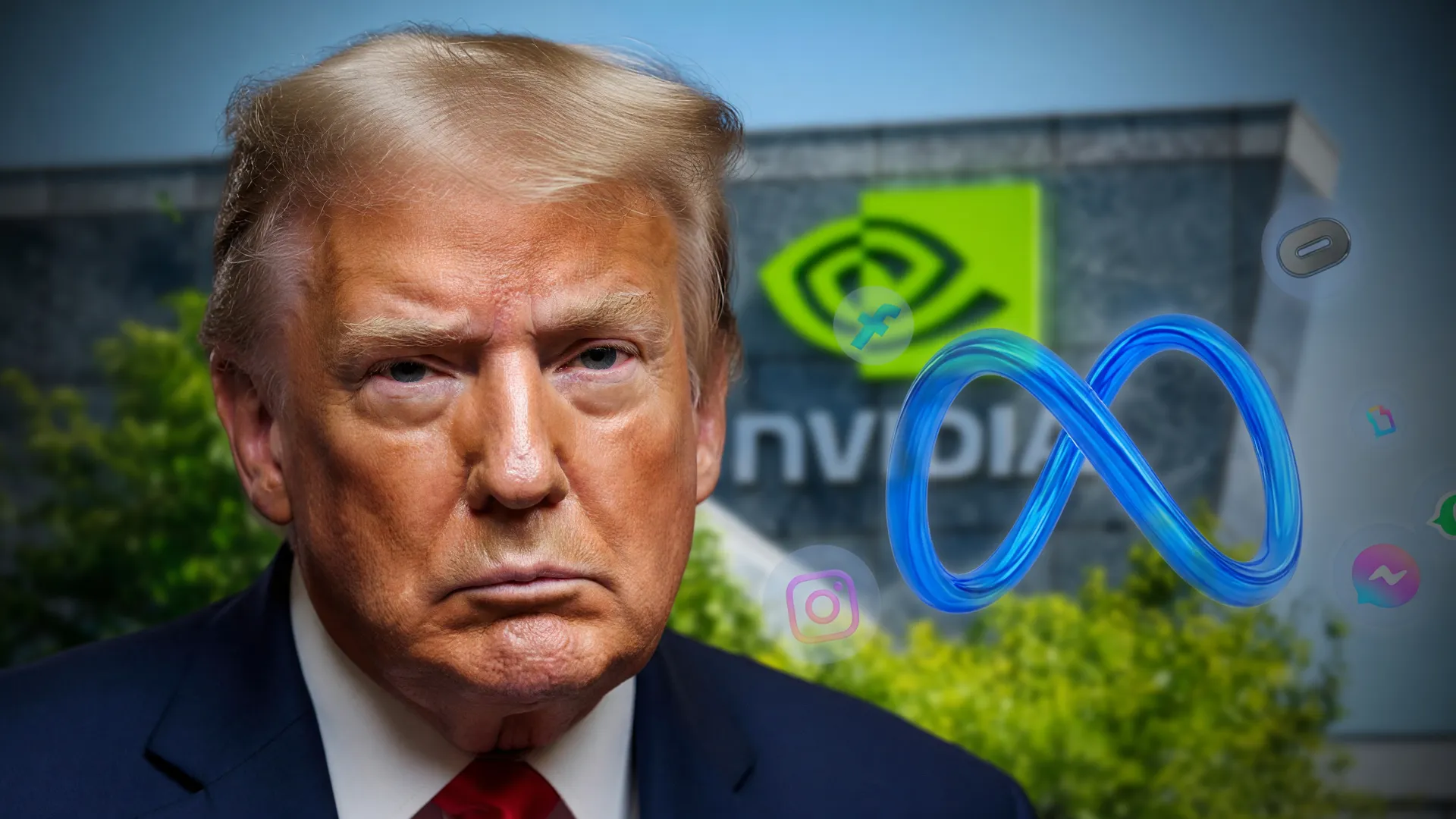 Trump ao lado de logos da Nvidia e Meta simboliza acordo de segurança em IA com big techs