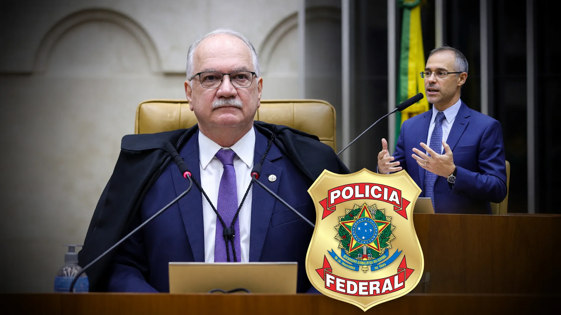 Fachin, Mendonça e brasão da PF em composição sobre o afastamento do diretor da PF