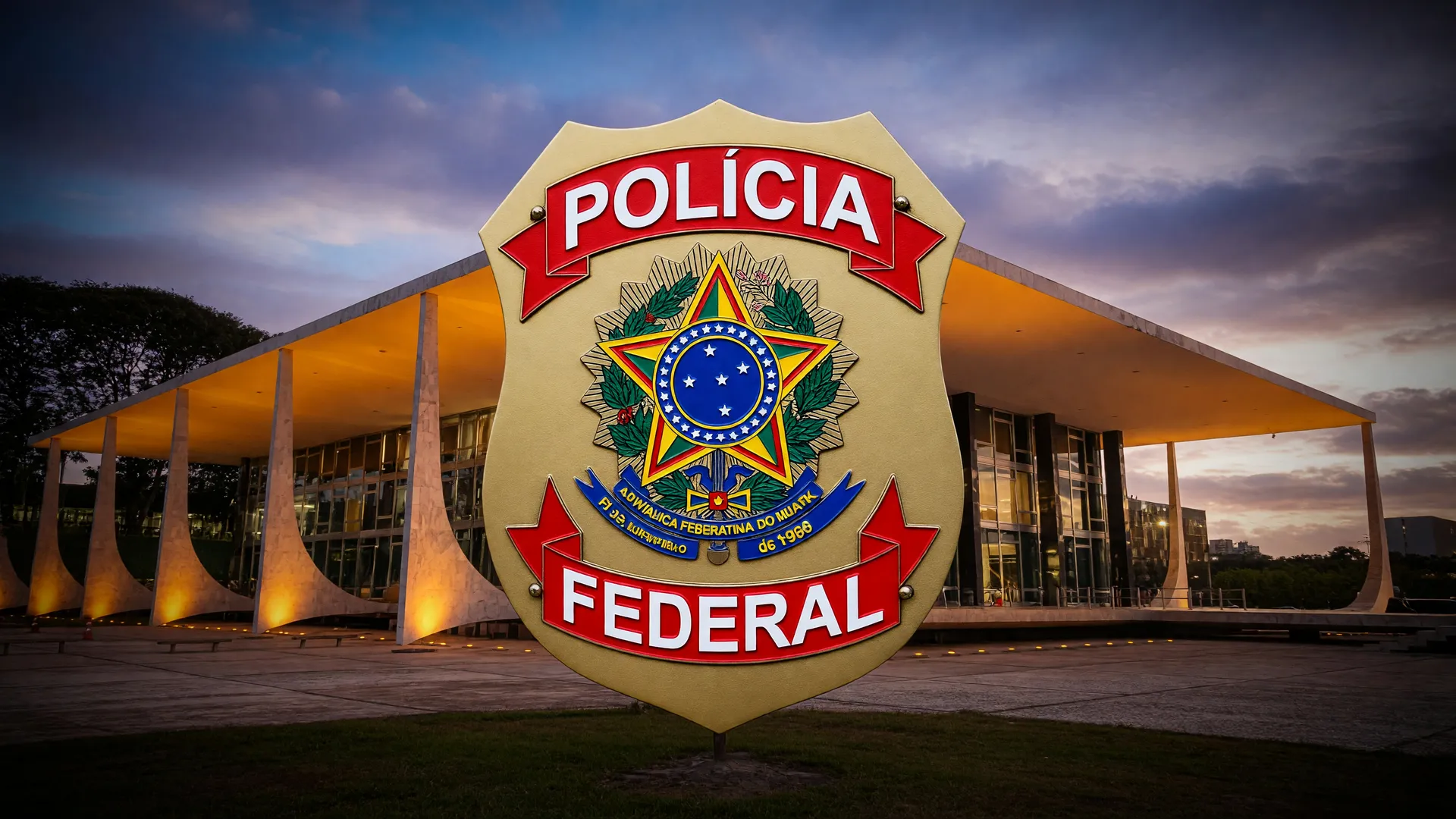 Brasão da Polícia Federal em destaque com o STF ao fundo, simbolizando o afastamento do diretor-geral da PF
