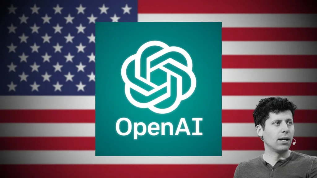 Logotipo da OpenAI com bandeira dos EUA ao fundo, ilustrando a suspensão dos agentes de IA da OpenAI