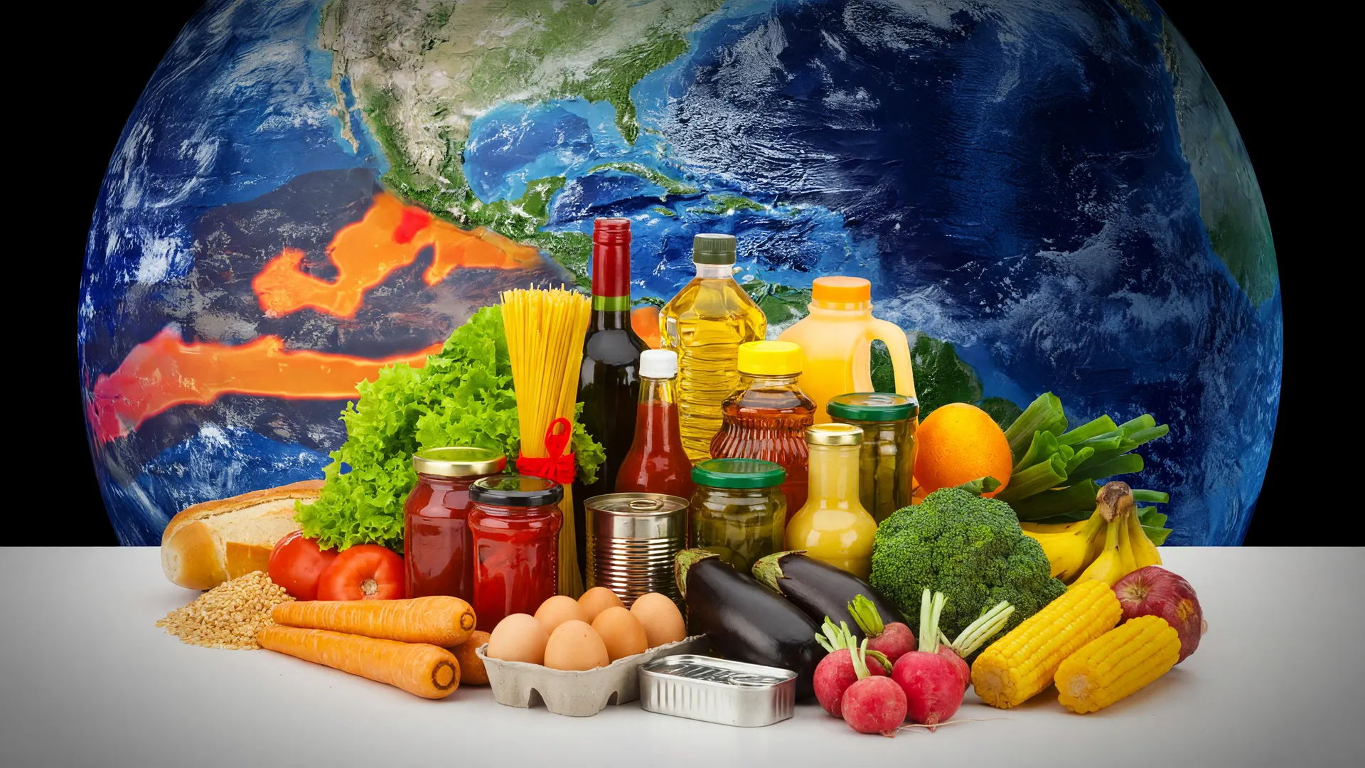 Alta dos preços de alimentos ilustrada com variedade de ingredientes frescos sobre fundo com mapa térmico do El Niño