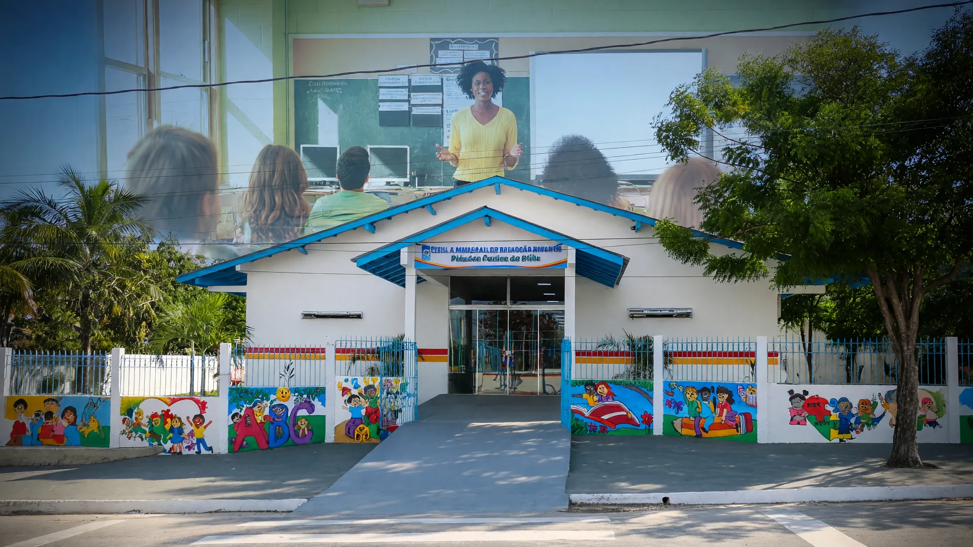 Escola pública com murais coloridos simboliza o analfabetismo entre jovens com deficiência excluídos do ensino