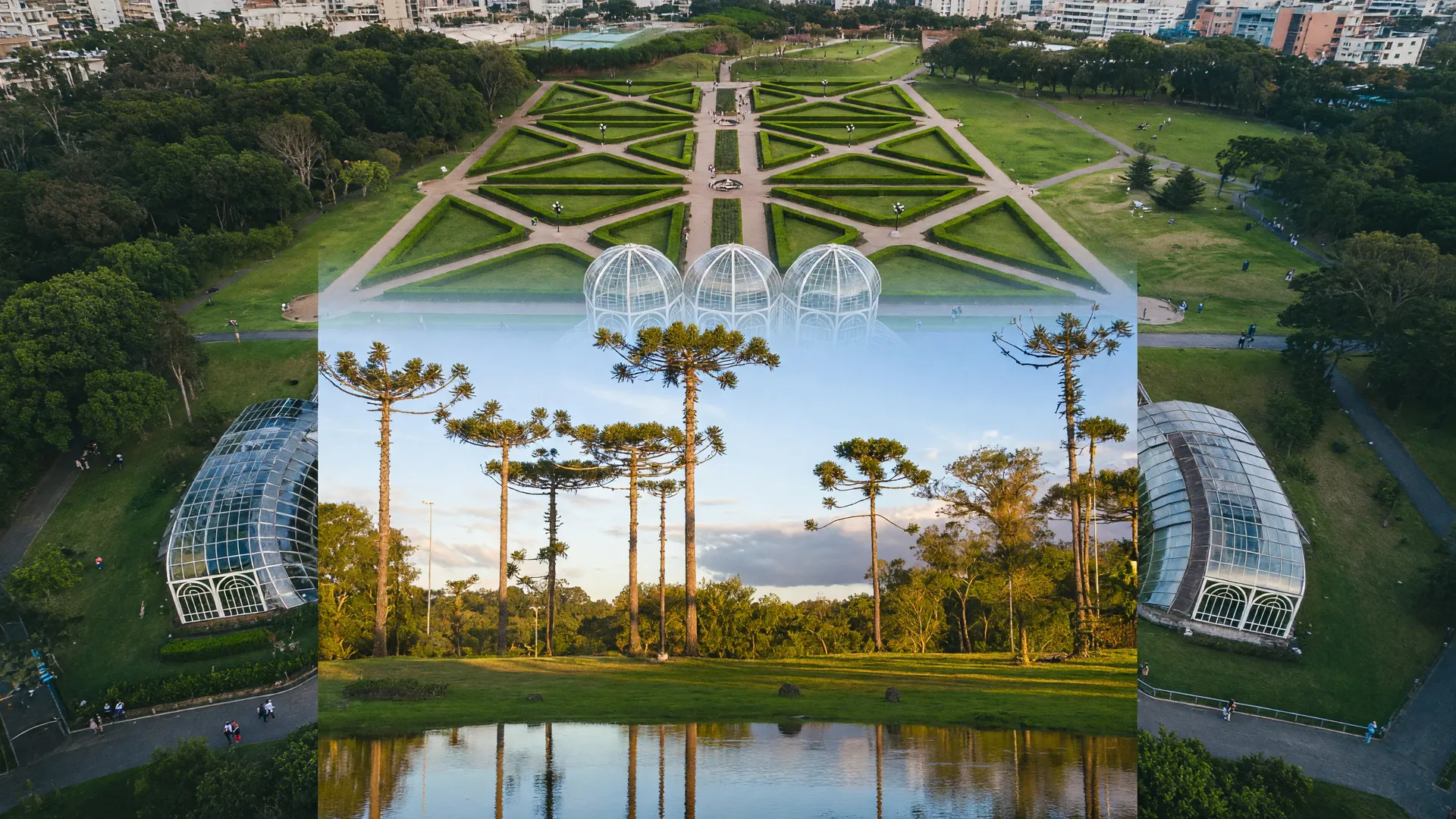 Áreas verdes contra enchentes urbanas: araucárias refletidas em lagoa e parque aéreo representam recarga de água e carbono
