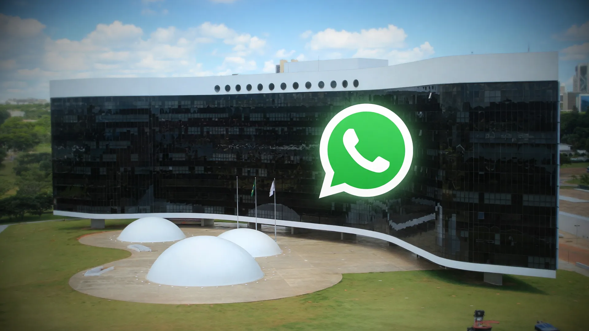 Fachada do TSE com ícone do WhatsApp em destaque, simbolizando o assistente de IA do TSE para eleitores