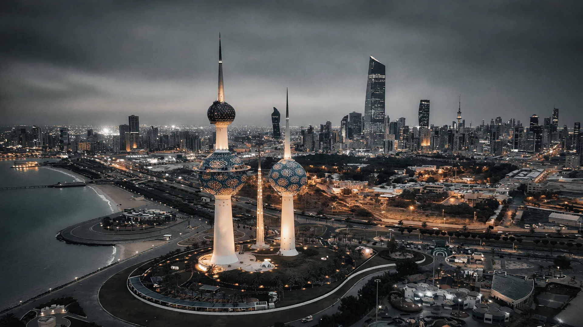 Torres do Kuwait iluminadas ao entardecer representam o esquema de propina do banqueiro suíço condenado