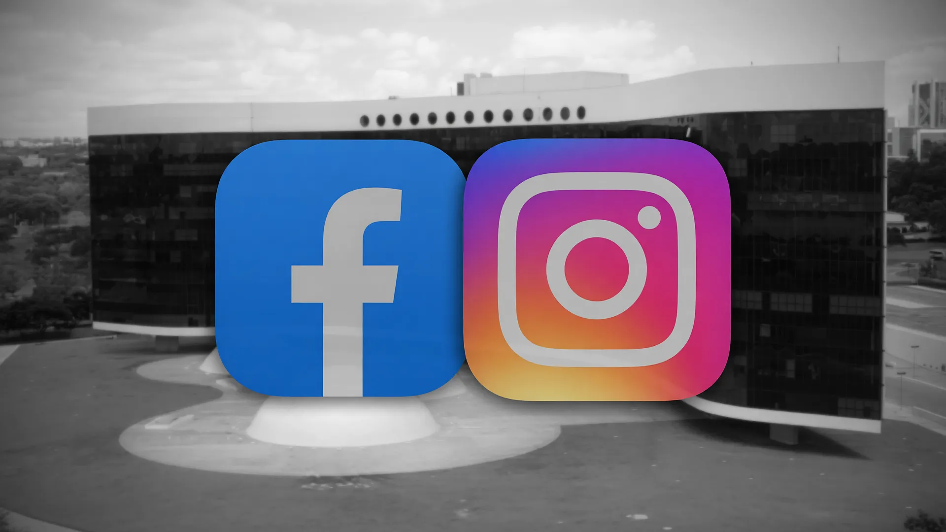 Logotipos do Facebook e Instagram junto ao prédio do TSE ilustram o bloqueio de anúncios de Lula na Meta