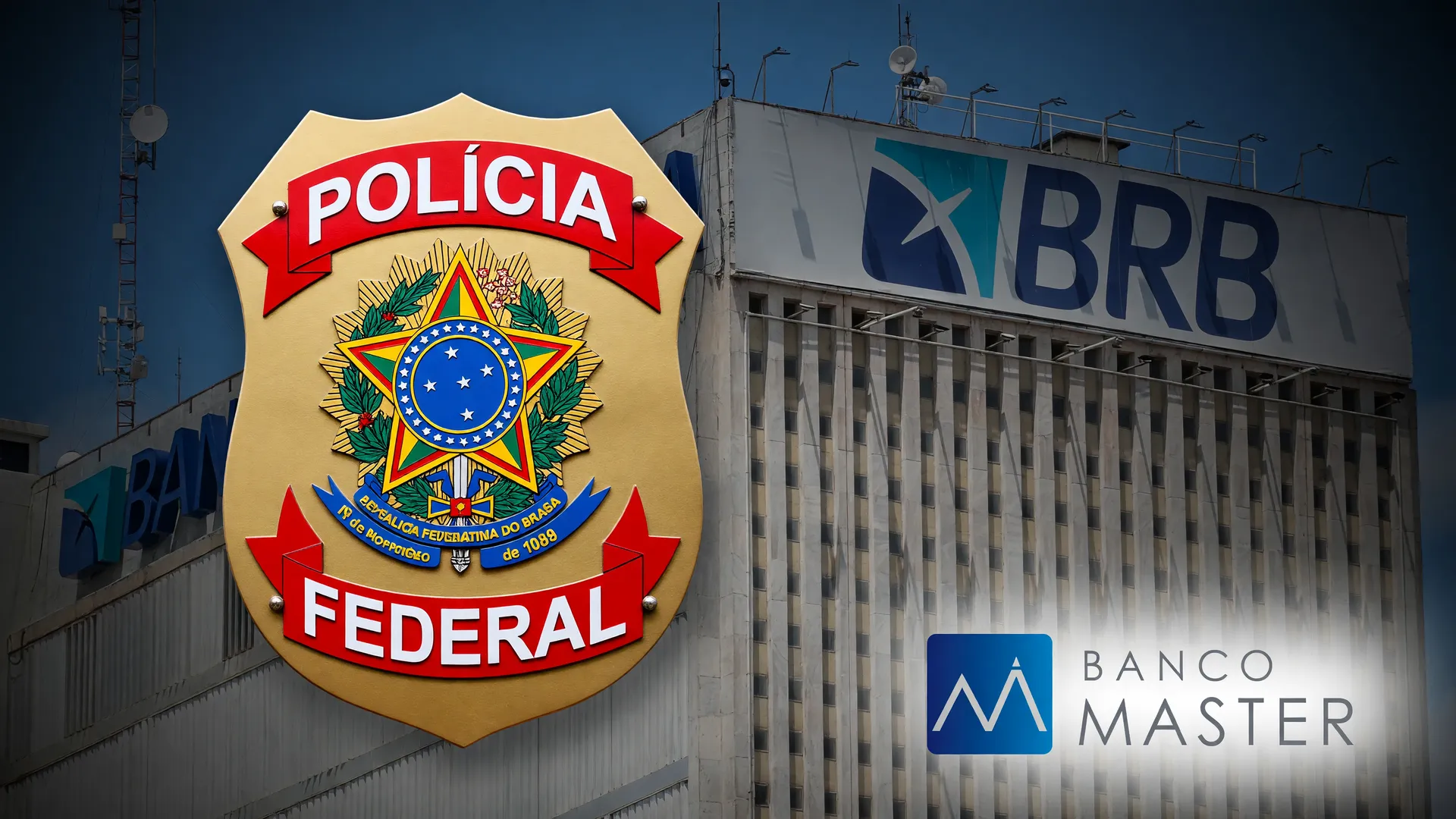 Sede do BRB e brasão da Polícia Federal simbolizam bloqueio de bens de ex-dirigentes do BRB no caso Master.