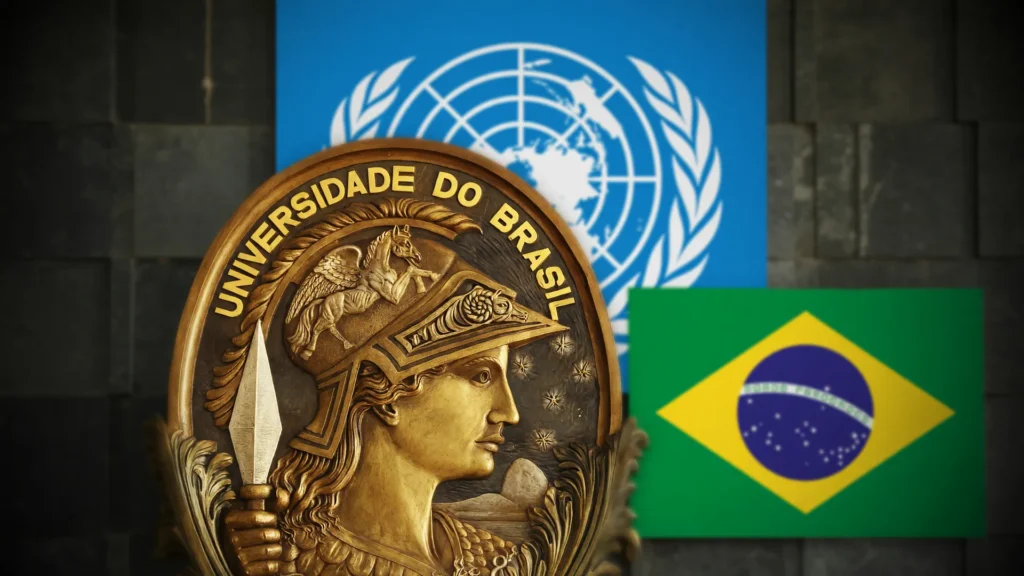 Símbolo da UFRJ ao lado do emblema da ONU representa a brasileira vice-diretora da Unesco