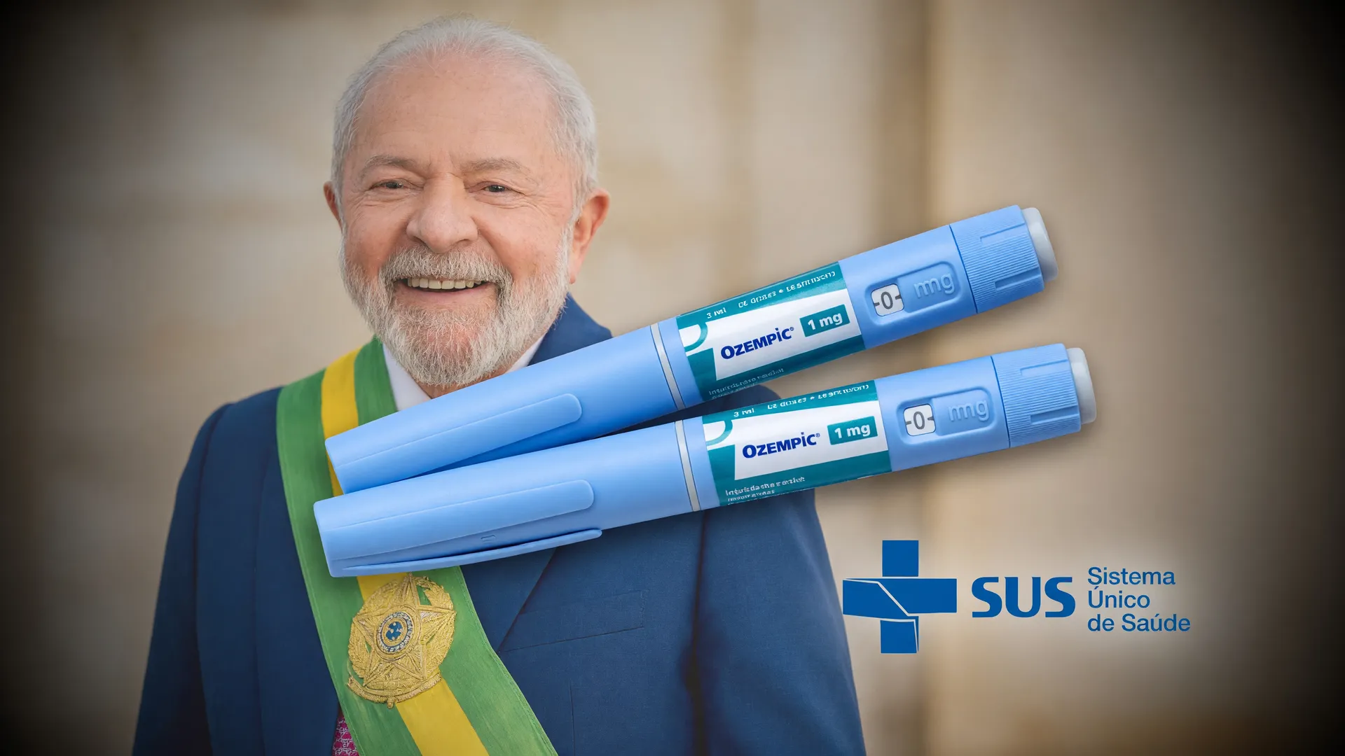 Lula ao fundo e caneta de semaglutida com logo do SUS simbolizam a promessa das canetas emagrecedoras no SUS
