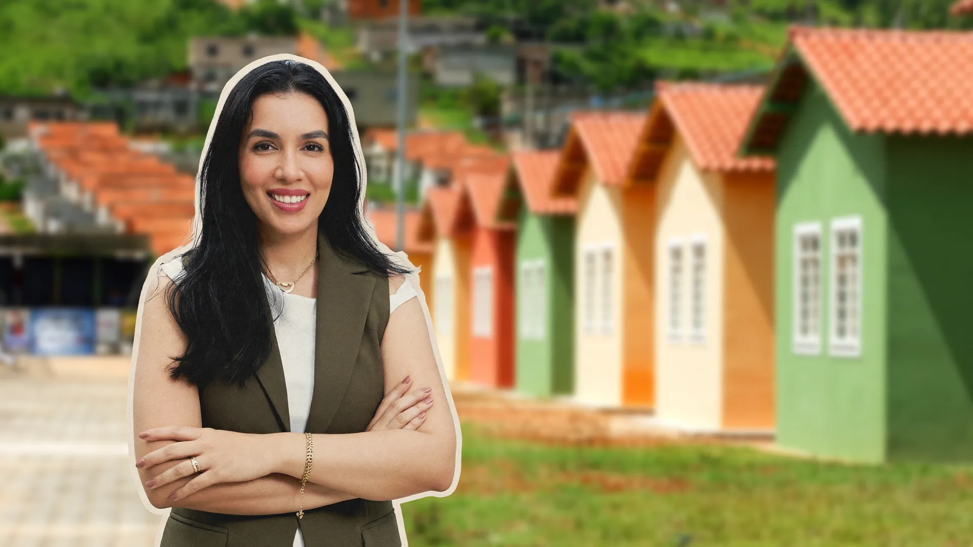 Mulher profissional com habitação popular ao fundo, evocando carmen portinho primeira urbanista brasileira