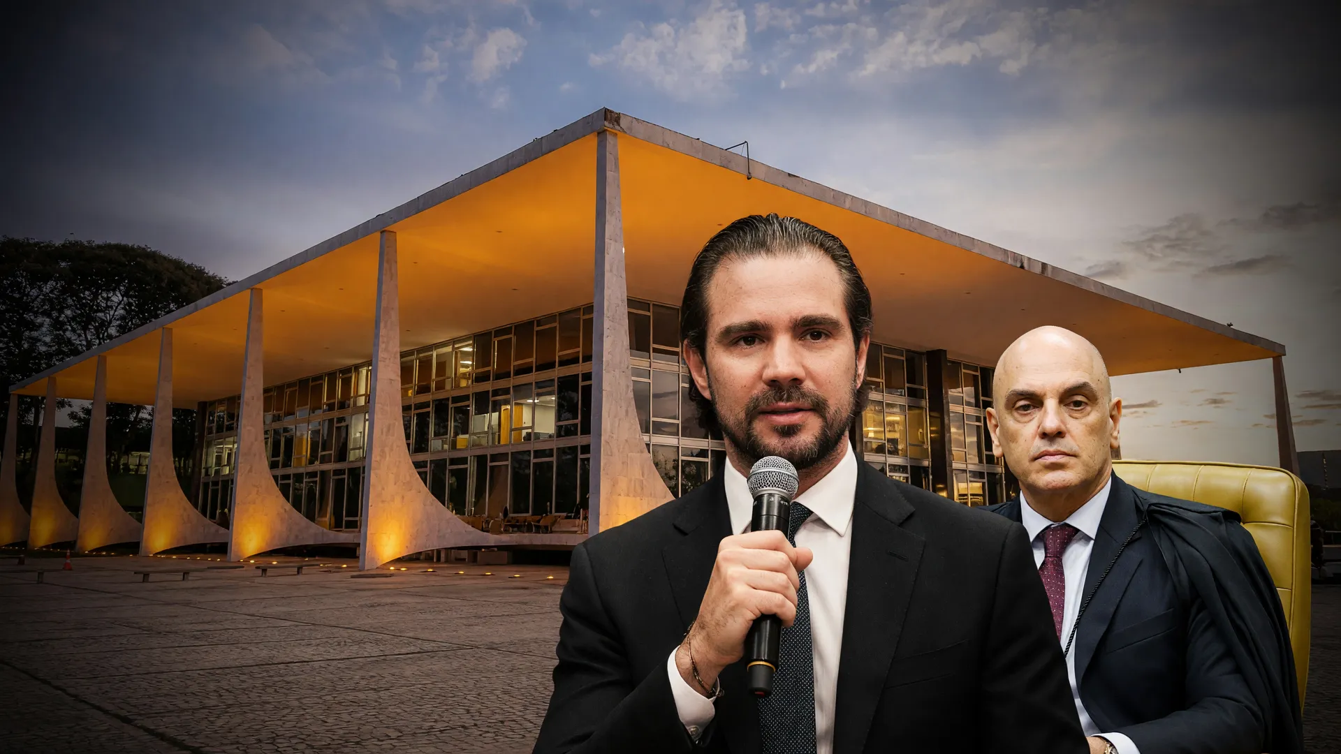 Daniel Vorcaro e a sede do STF ao entardecer em colagem editorial sobre disputa pelo celular de Vorcaro no STF