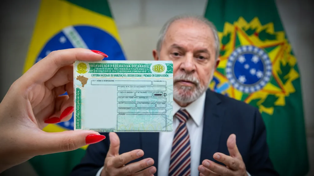 CNH vencida em destaque com prazo de renovação ampliado, ao fundo retrato oficial do presidente
