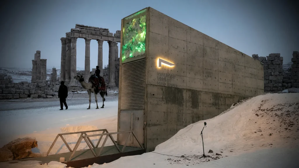 Entrada do cofre de sementes de Svalbard na neve ártica ao crepúsculo, com ruínas de Palmira ao fundo