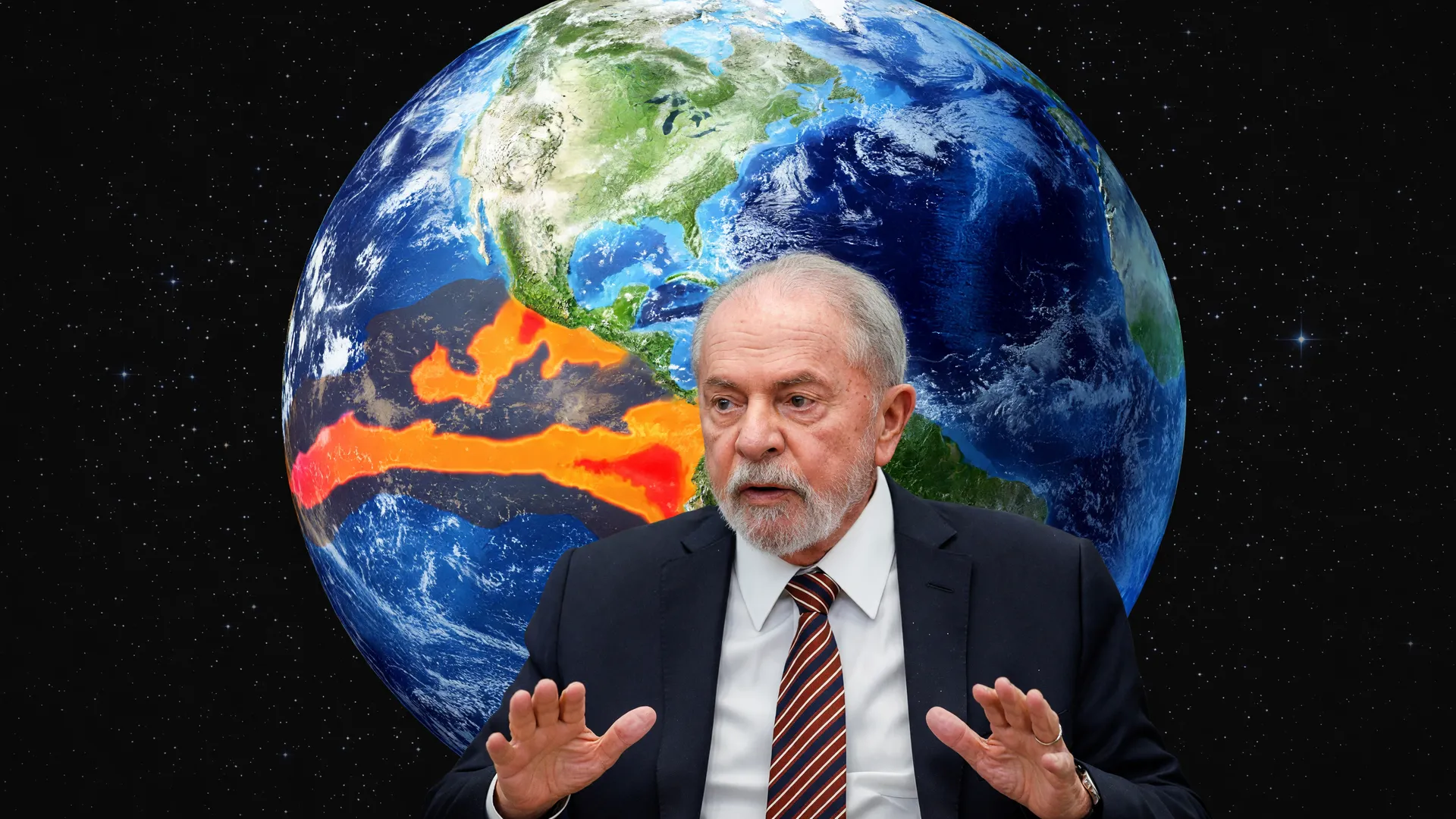 Lula com mapa térmico do El Niño ao fundo, simbolizando os compromissos governo federal El Niño
