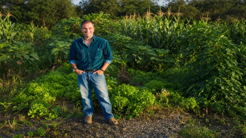 Produtor rural em lavoura verde, representando o consórcio de culturas agrícolas no interior de São Paulo
