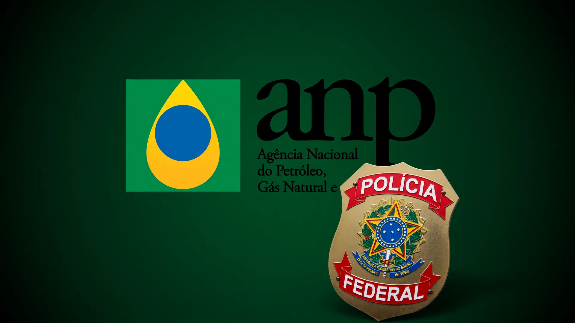 Logotipo da ANP e emblema da Polícia Federal em composição editorial sobre o corante verde no etanol