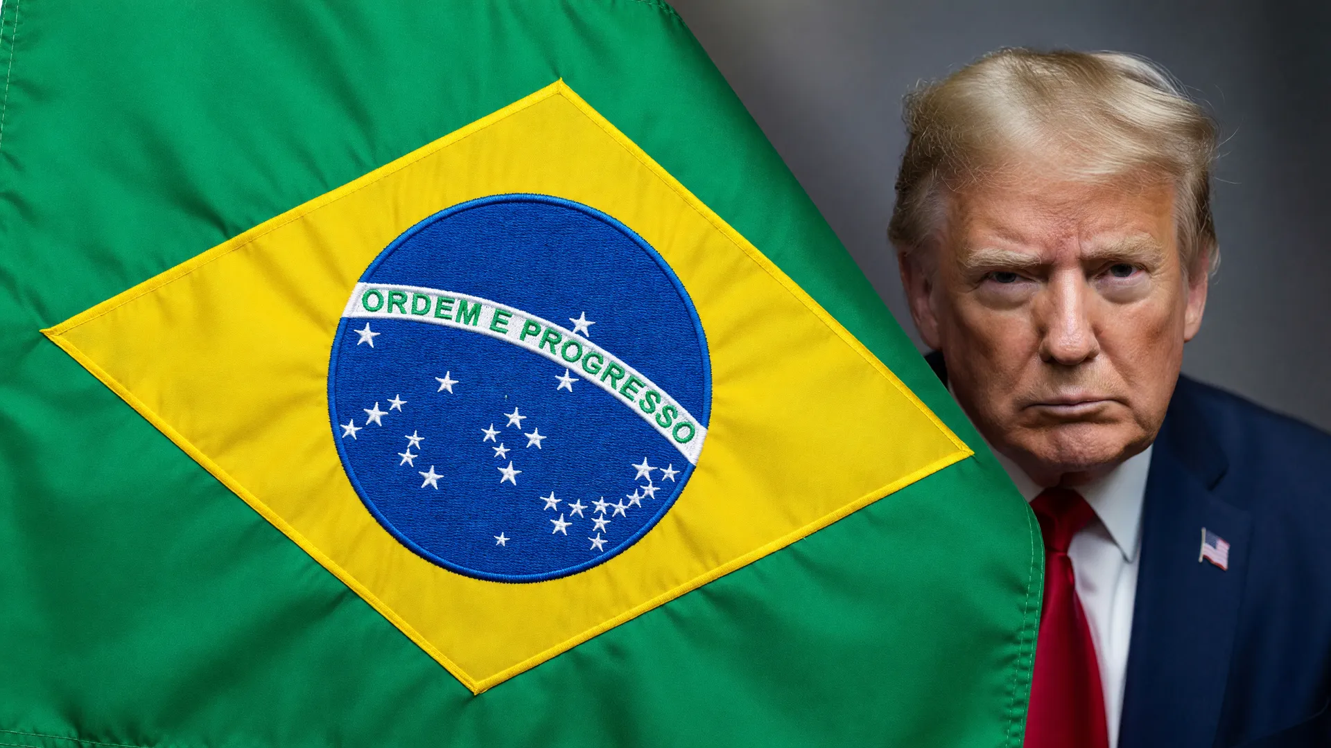 Bandeira do Brasil e Donald Trump representam a redistribuição da cota de açúcar do Brasil pelos EUA