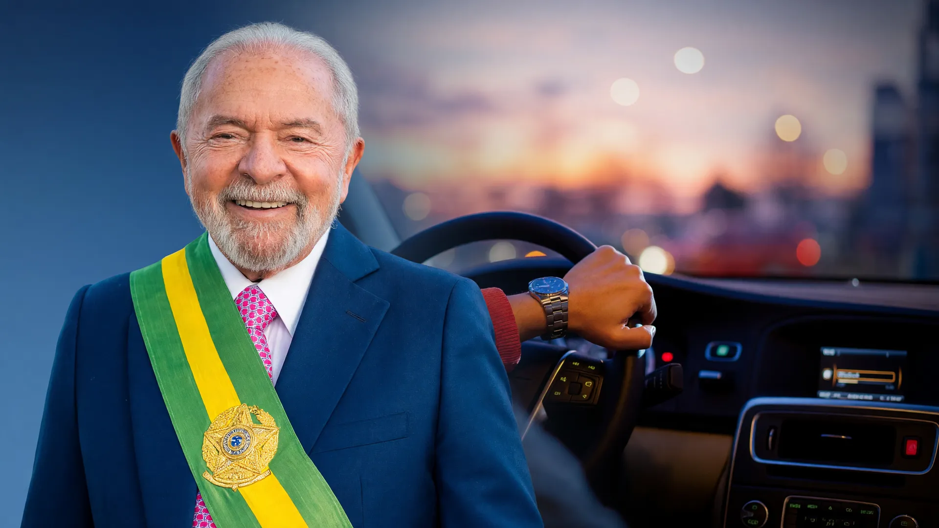 Lula e motorista ao volante representam sanção da lei de crédito para motoristas de aplicativo